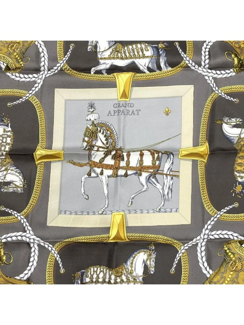 Hermes Grand Apparat Dressed Horse Carre 90 Silk Scarf Gray